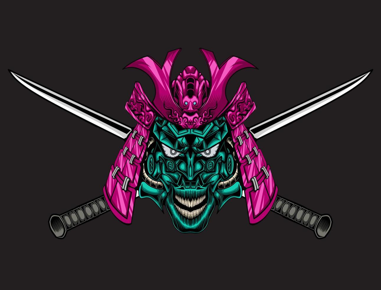 Samurai mask and two crossed katana swords vector