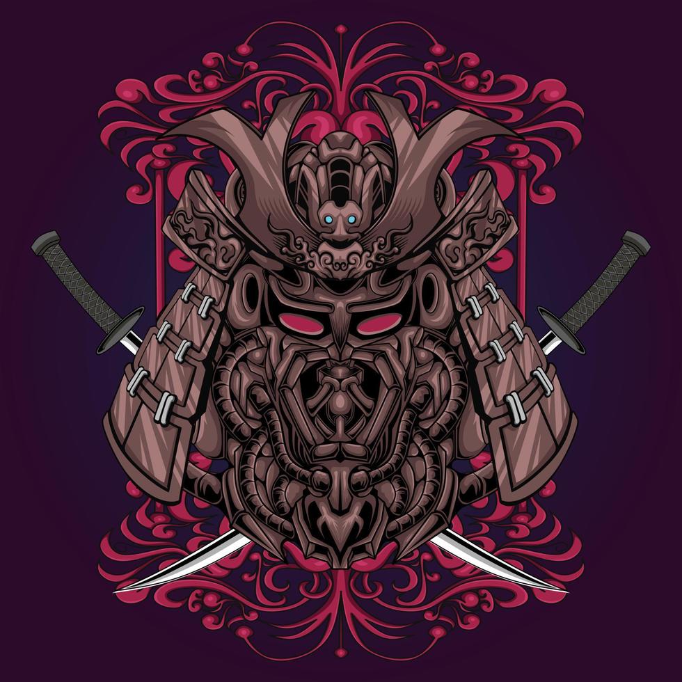 samurai, máscara, y, espada, vector, ilustración vector