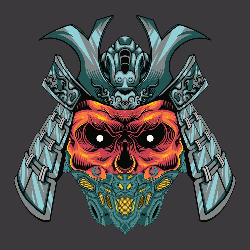 Japanese samurai skull head illustration with flowers vector