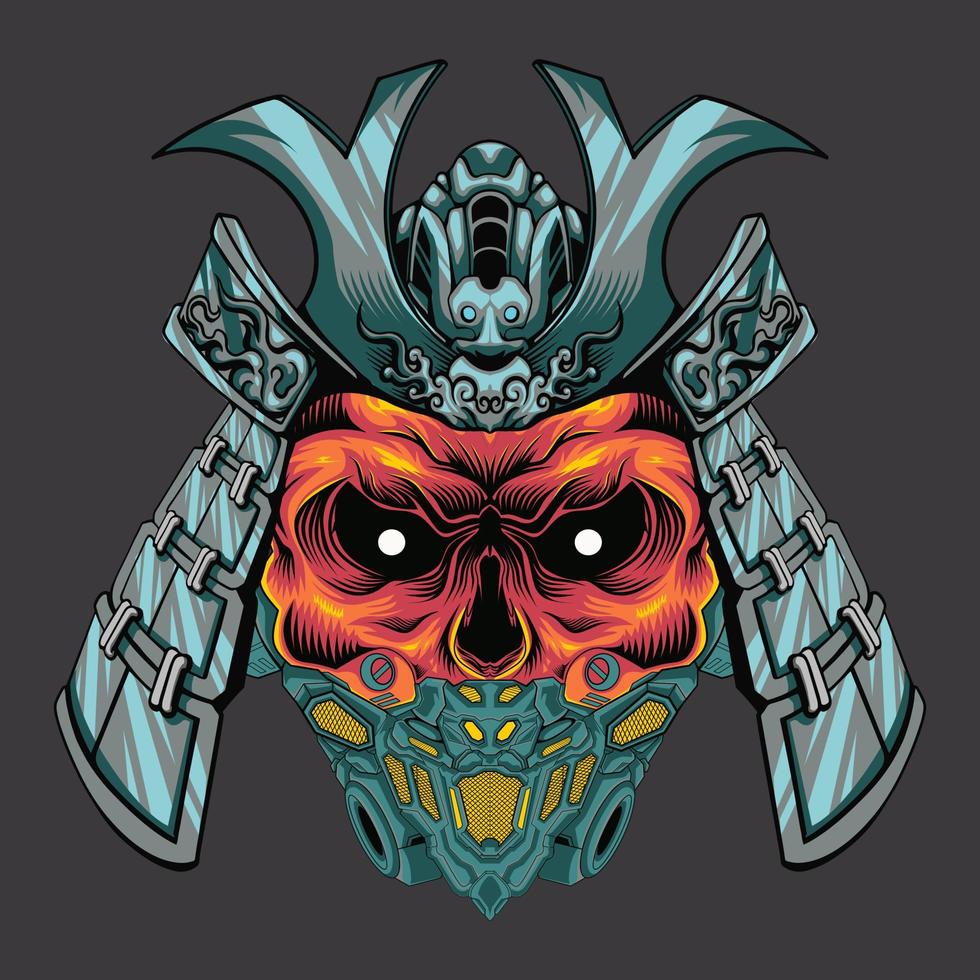 ilustración de cabeza de calavera samurai japonesa con flores vector