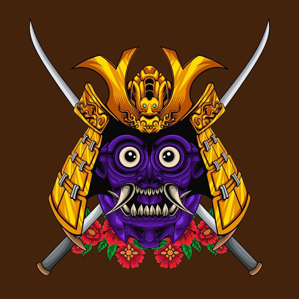 Japanese samurai mask with crossed swords design vector
