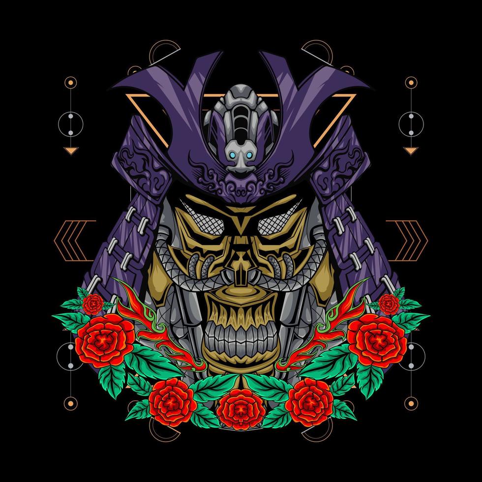 Japanese samurai helmet head illustration with flowers vector