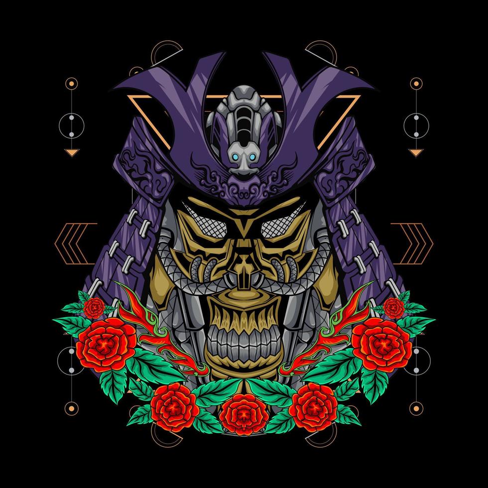 ilustración de cabeza de casco samurai japonés con flores vector