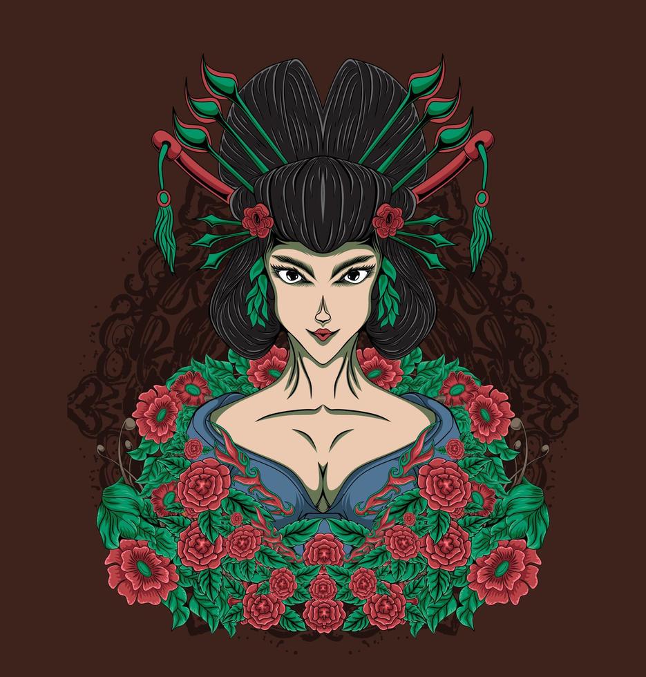 Geisha With Floral Vector Illustration