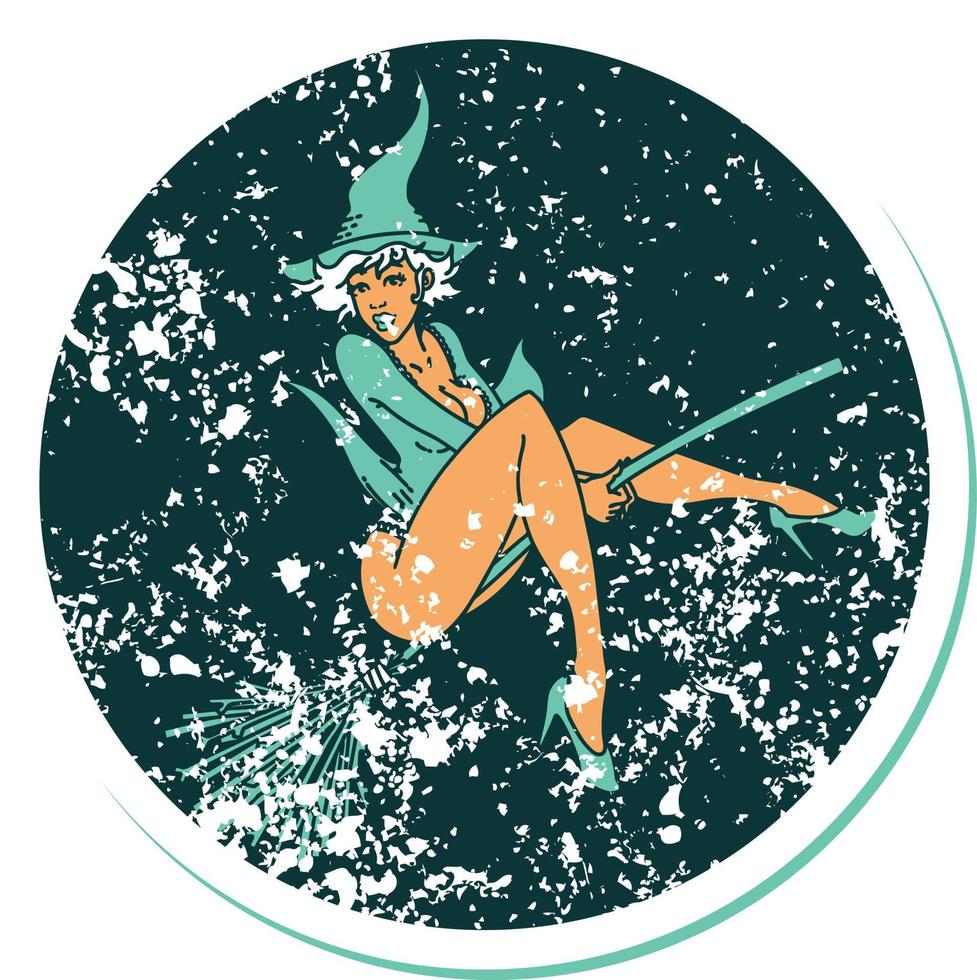 distressed sticker tattoo style icon of a pinup witch vector