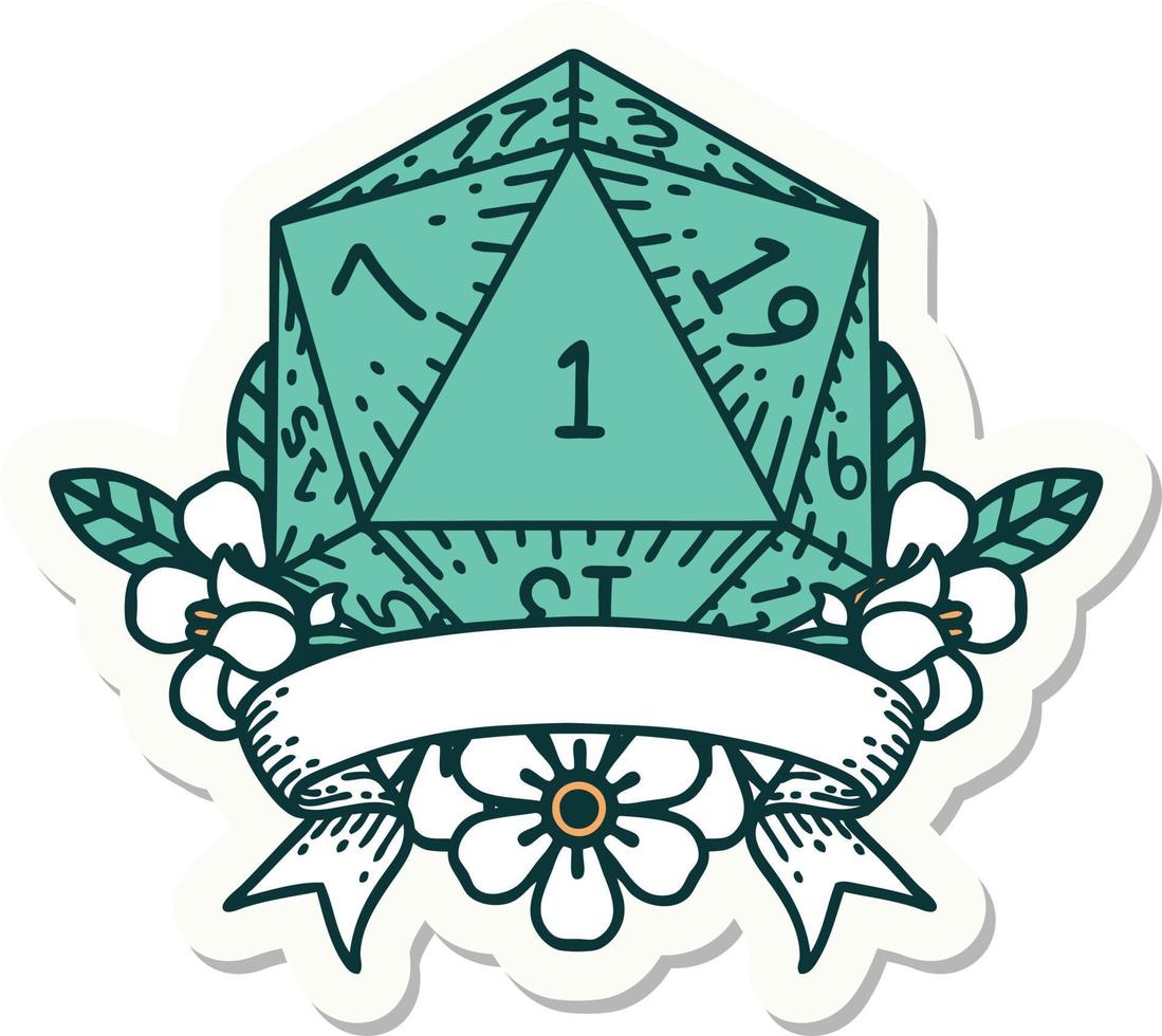 sticker of a natural one d20 dice roll vector