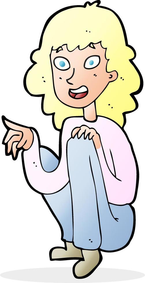 cartoon happy woman sitting and pointing vector