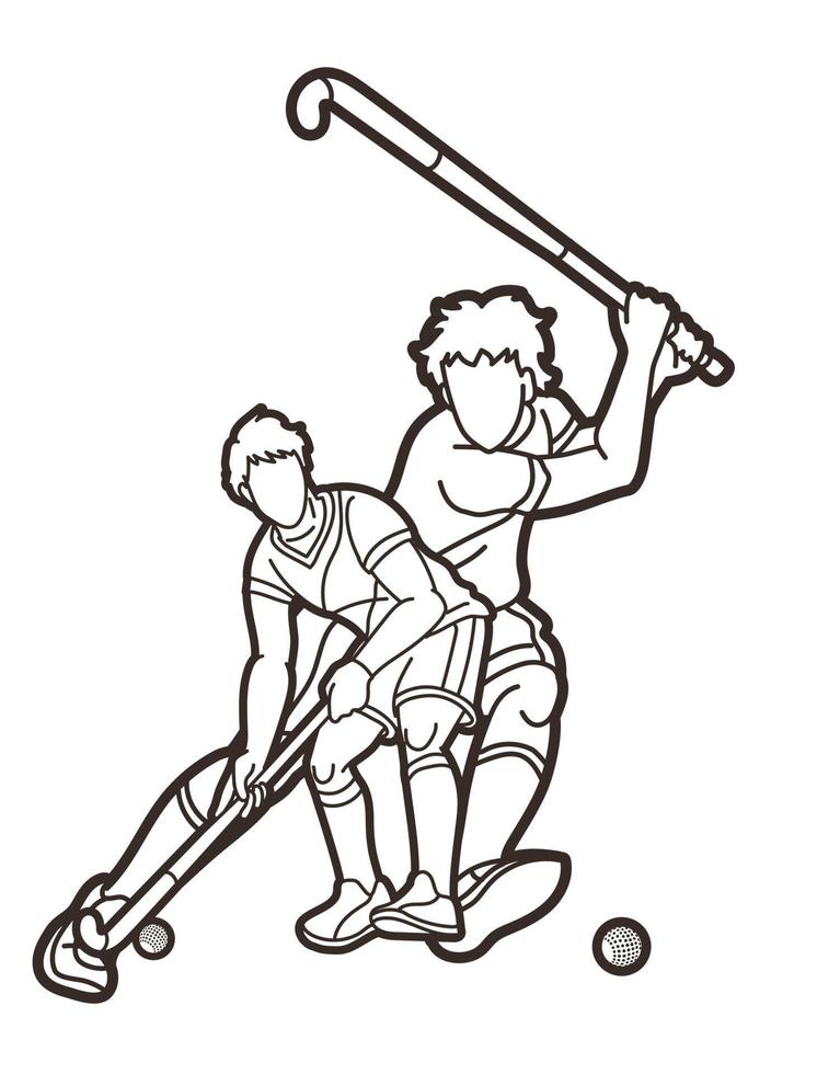 equipo de deporte de hockey sobre césped jugadores masculinos acción juntos vector gráfico de dibujos animados