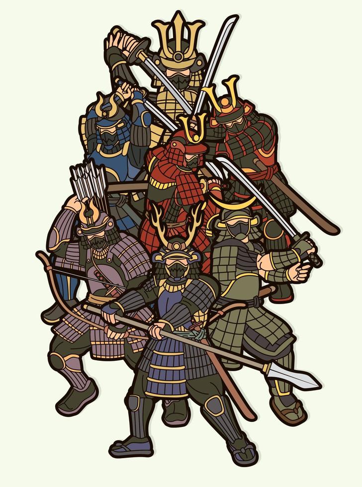 grupo de guerreros samurai o acción de bushido de luchador japonés ronin con armadura y arma vector