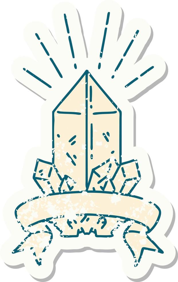 worn old sticker of a tattoo style quartz crystal vector