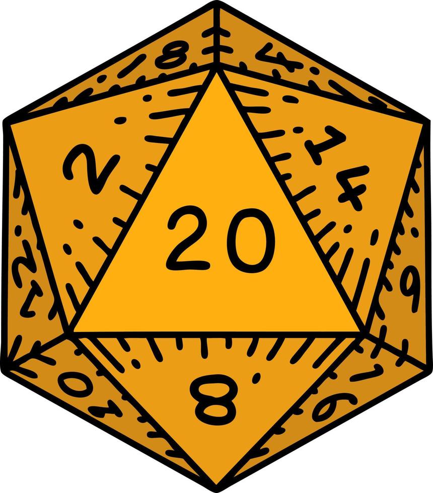 Retro Tattoo Style natural 20 D20 dice roll vector