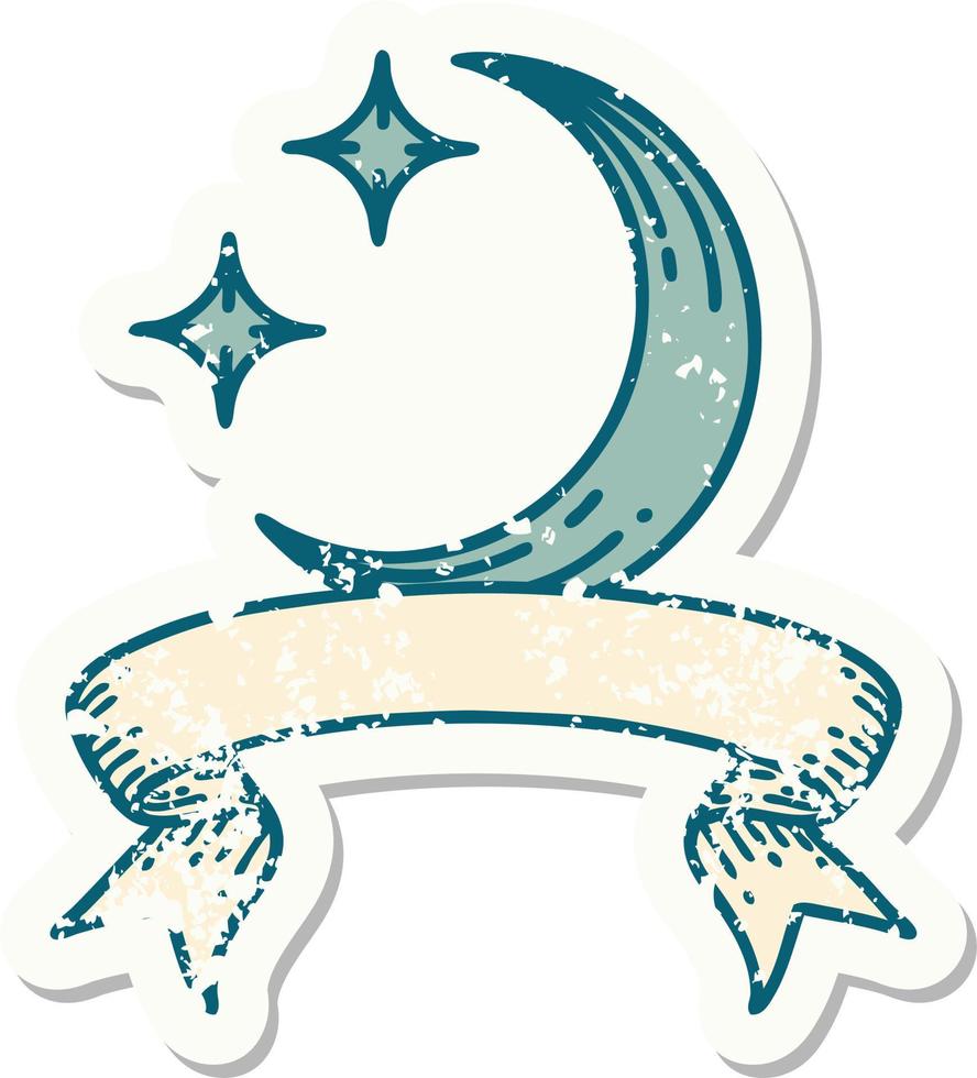 worn old sticker with banner of a moon and stars vector