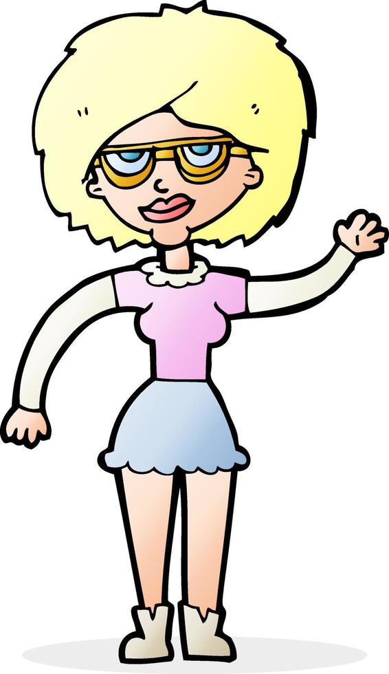 cartoon waving woman wearing spectacles vector