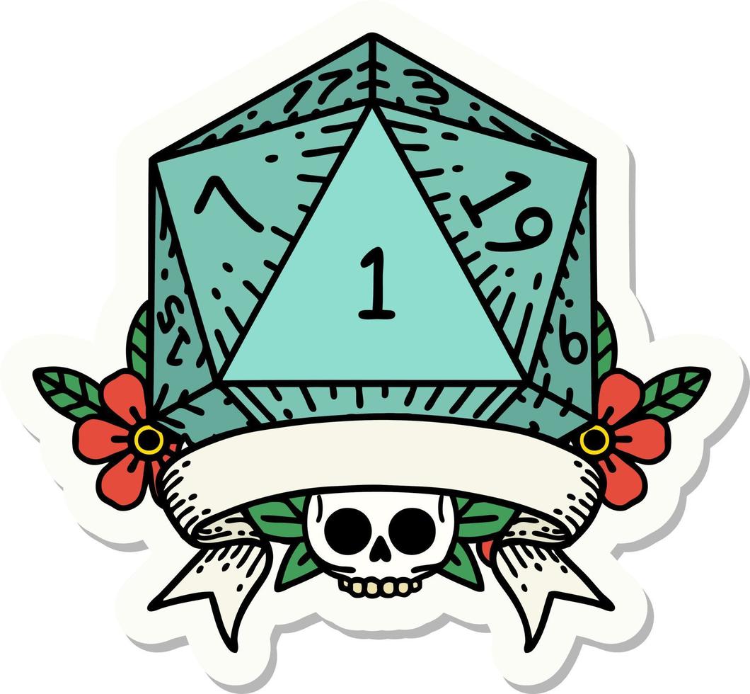 sticker of a natural one d20 dice roll vector