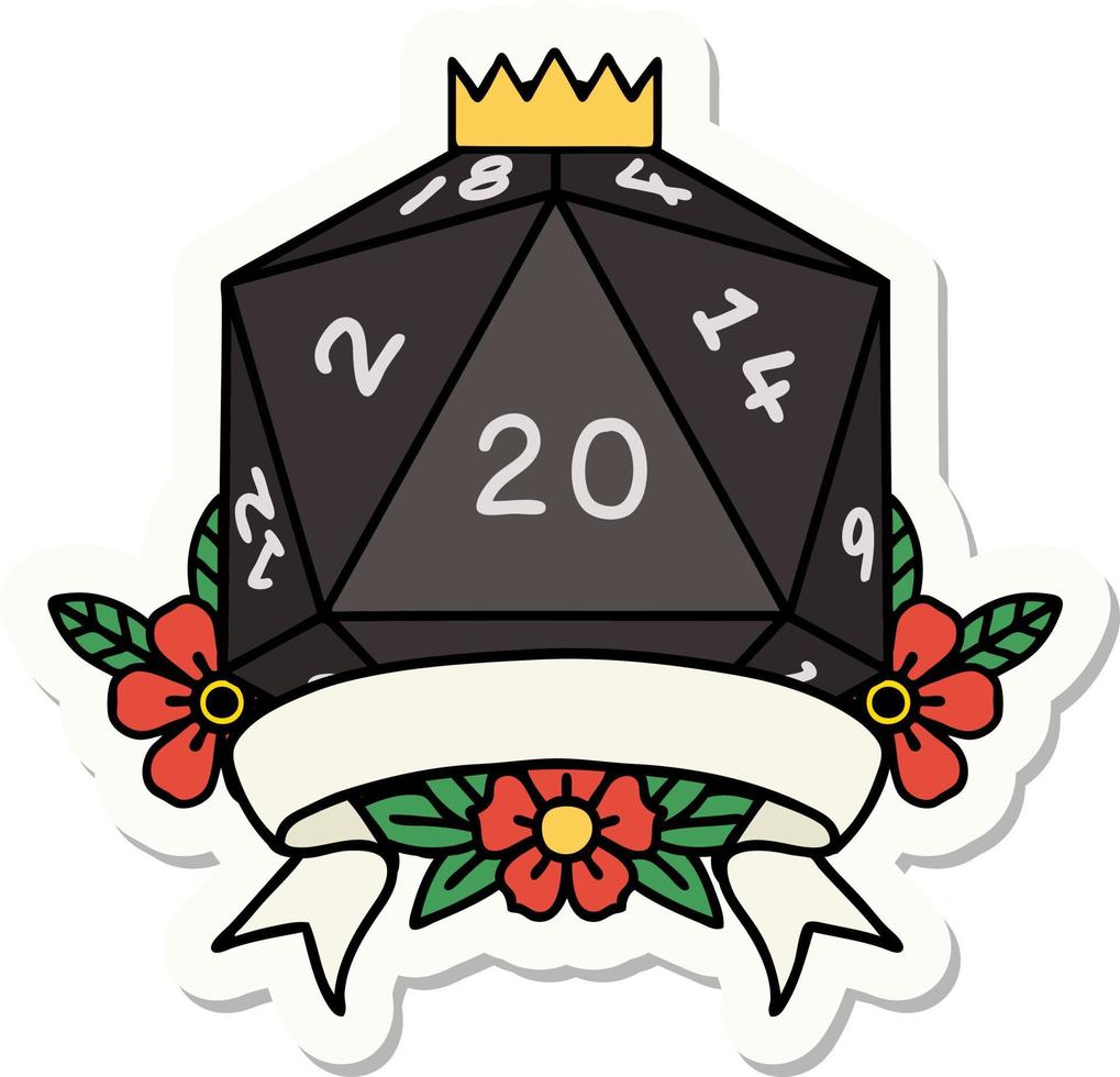 sticker of a natural 20 critical hit D20 dice roll vector