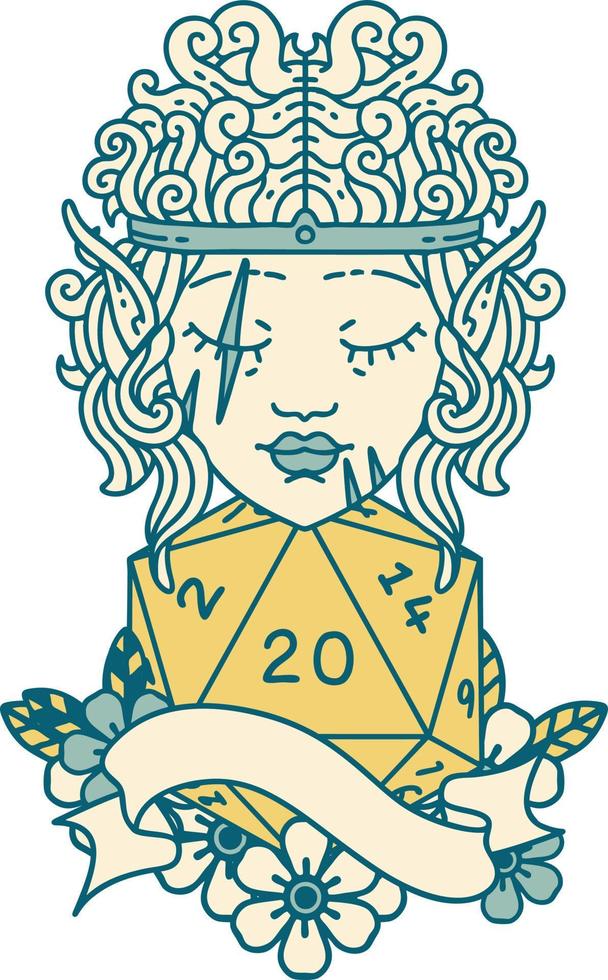 Retro Tattoo Style elf barbarian character face with natural twenty dice roll vector