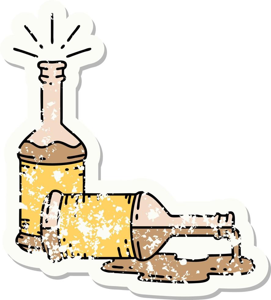 worn old sticker of a tattoo style beer bottles vector