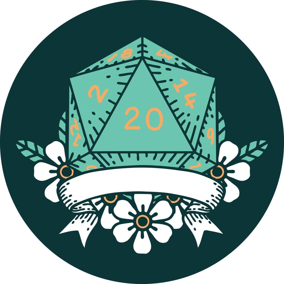 icon of natural 20 critical hit D20 dice roll vector