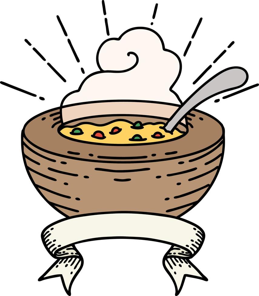 scroll banner with tattoo style bowl of soup vector