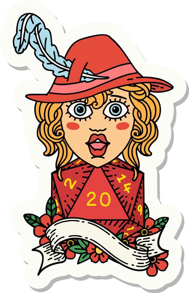 sticker of a human bard with natural 20 dice roll vector