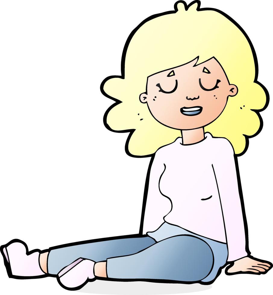 mujer feliz de dibujos animados sentada en el piso vector