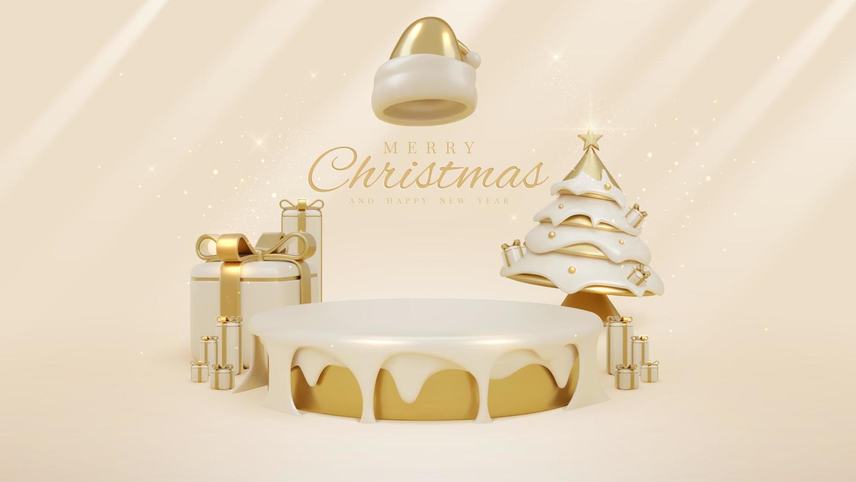 podio de exhibición de productos con elemento de sombrero dorado de santa claus y árbol de navidad con decoración de bola y caja de regalo y efecto de luz brillante con estrellas. ilustración vectorial vector