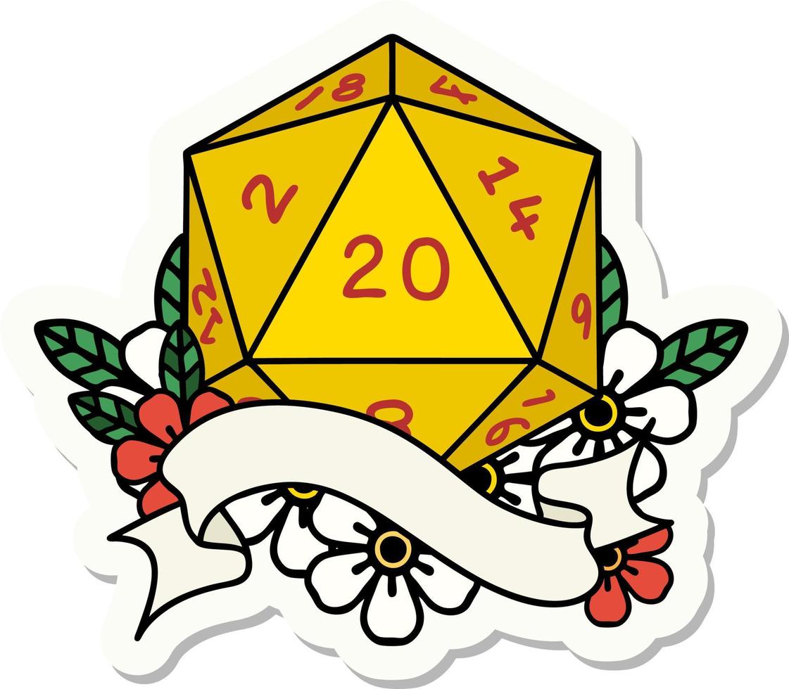 sticker of a natural twenty D20 dice roll vector