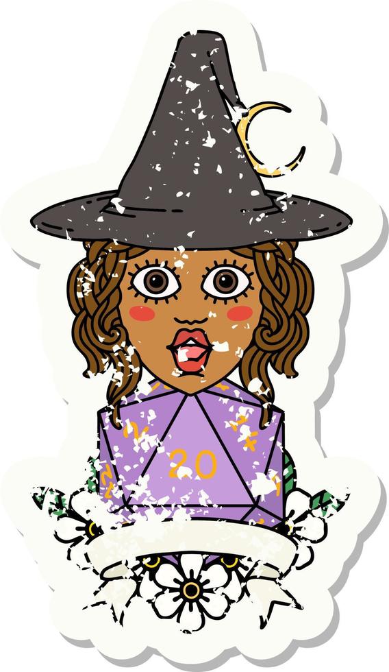 Retro Tattoo Style human witch with natural twenty dice roll vector