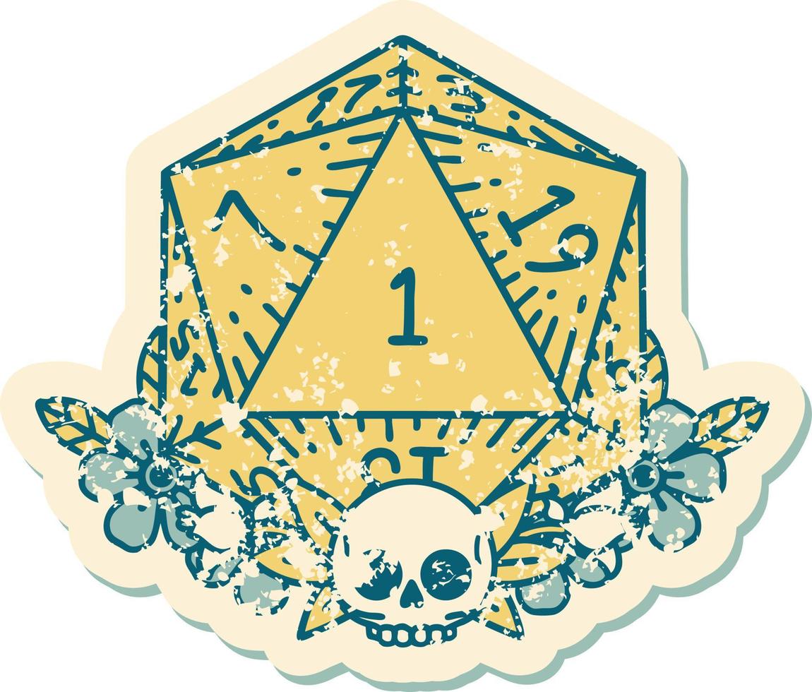 Retro Tattoo Style natural one dice roll with floral elements vector