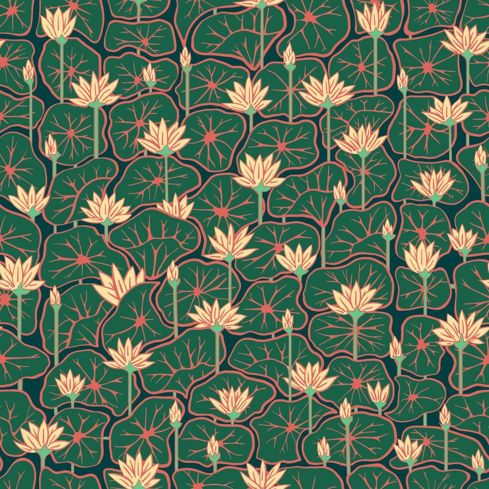 Lotuses seamless pattern design. Vector illustration vintage print. Water lilies for wrapping paper, wallpaper, textiles, fabric