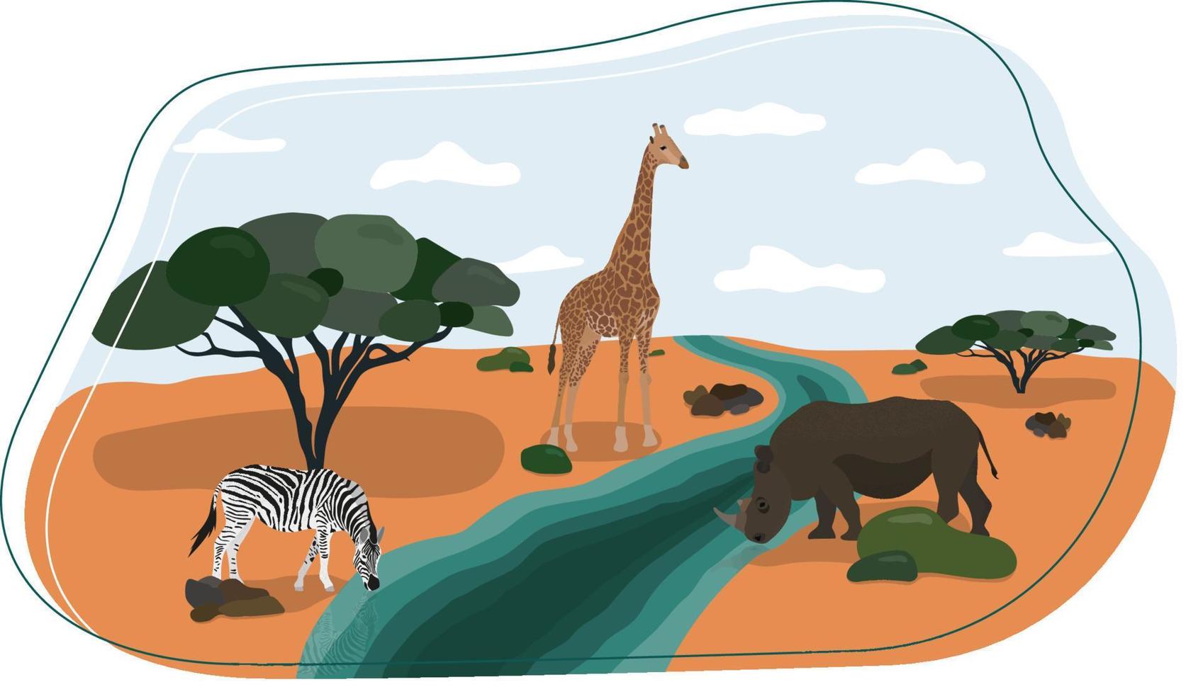 Wild animals in Savannah. Hippo, zebra and giraffe. Beautiful illustration in flat style vector