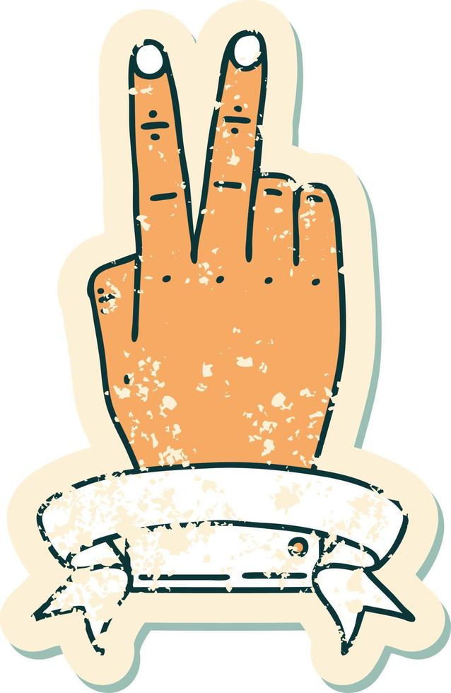 grunge sticker of a victory v hand gesture with banner vector