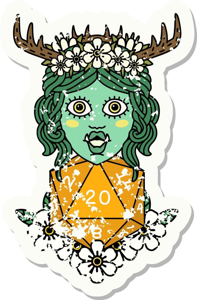 grunge sticker of a half orc druid with natural twenty dice roll vector