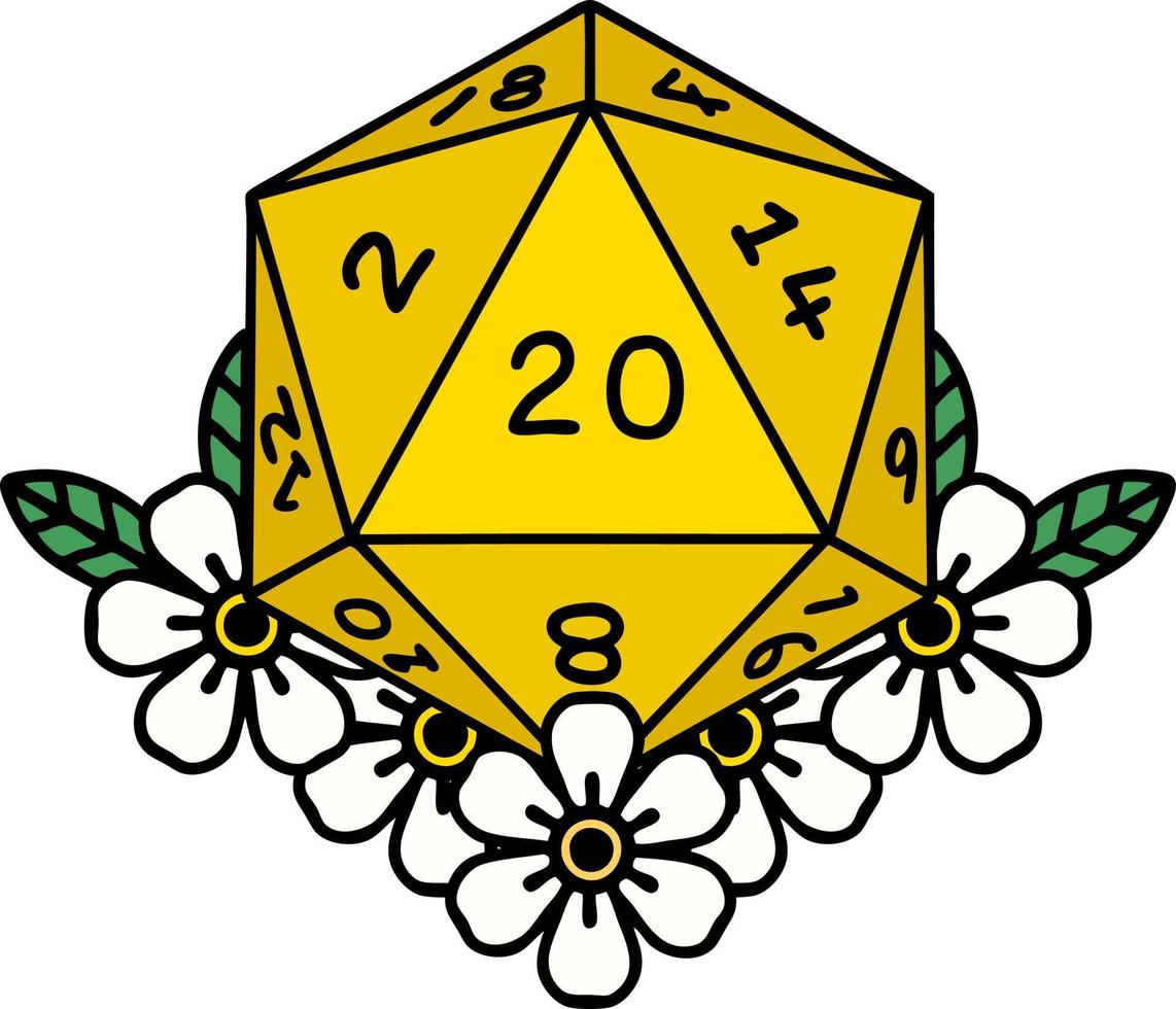 Retro Tattoo Style natural 20 D20 dice roll with floral elements vector
