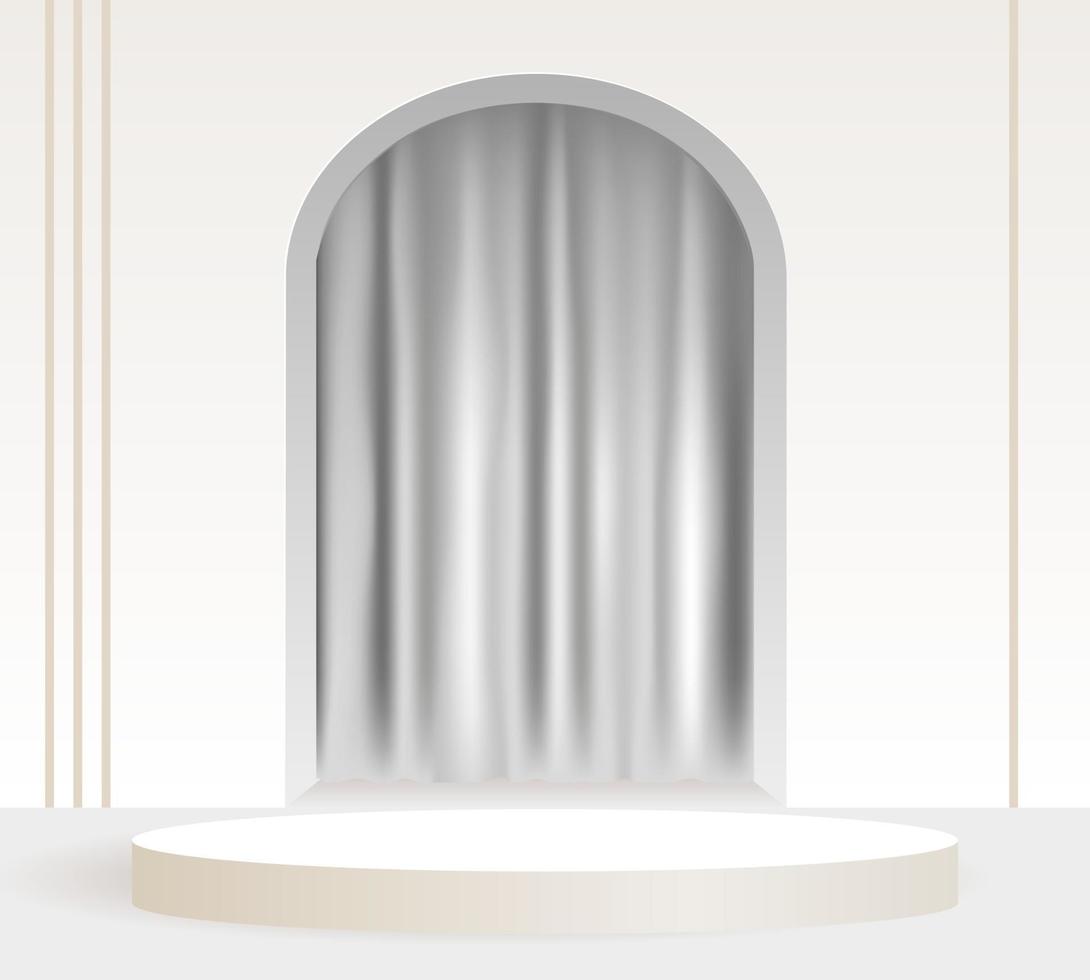 3D white cylinder pedestal podium with arch shape backdrop and curtains. Abstract pastel color minimal wall scene. Vector rendering 3d shape, cosmetic product display presentation.