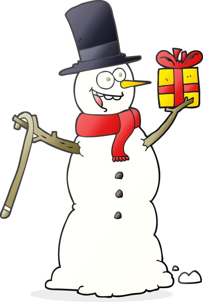 cartoon snowman holding present vector