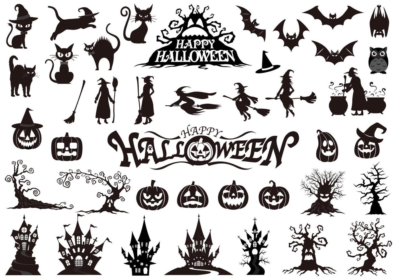 Happy Halloween Vector Silhouette Illustration Set Isolated On A White Background.