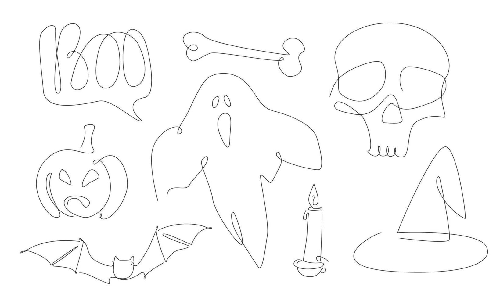 Halloween single line elements collection. Spooky night one line icons decoration. Pumpkin and ghost for Postcard and invitation. Halloween outline set. vector