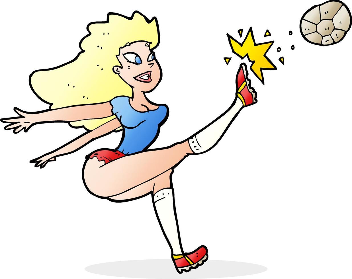 jugador de fútbol femenino de dibujos animados pateando la pelota vector