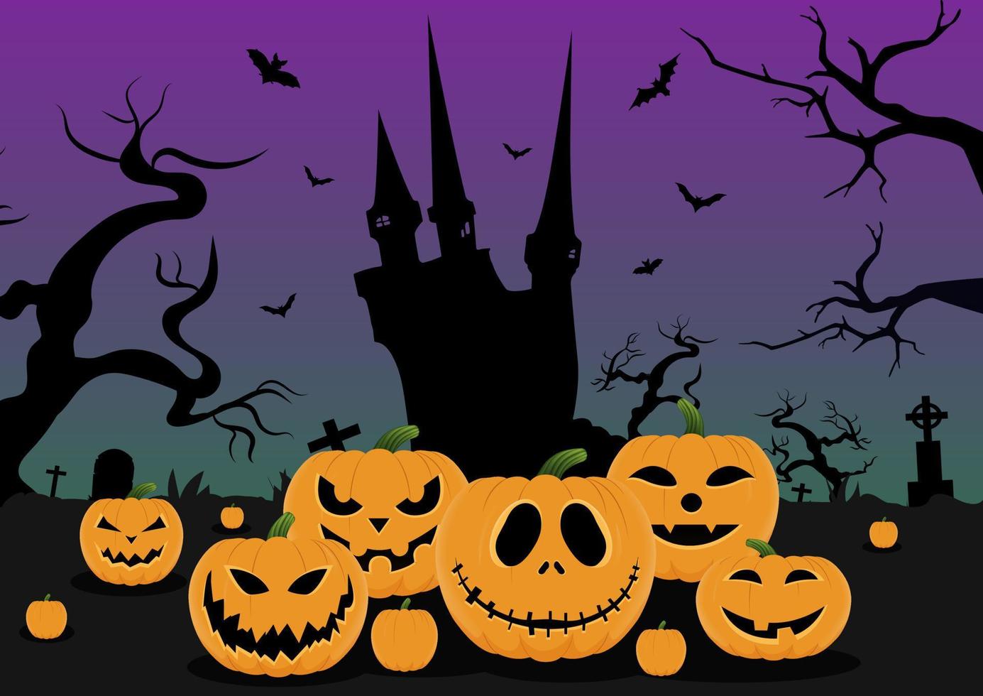 Scary night castle and cemetery with halloween pumpkins vector