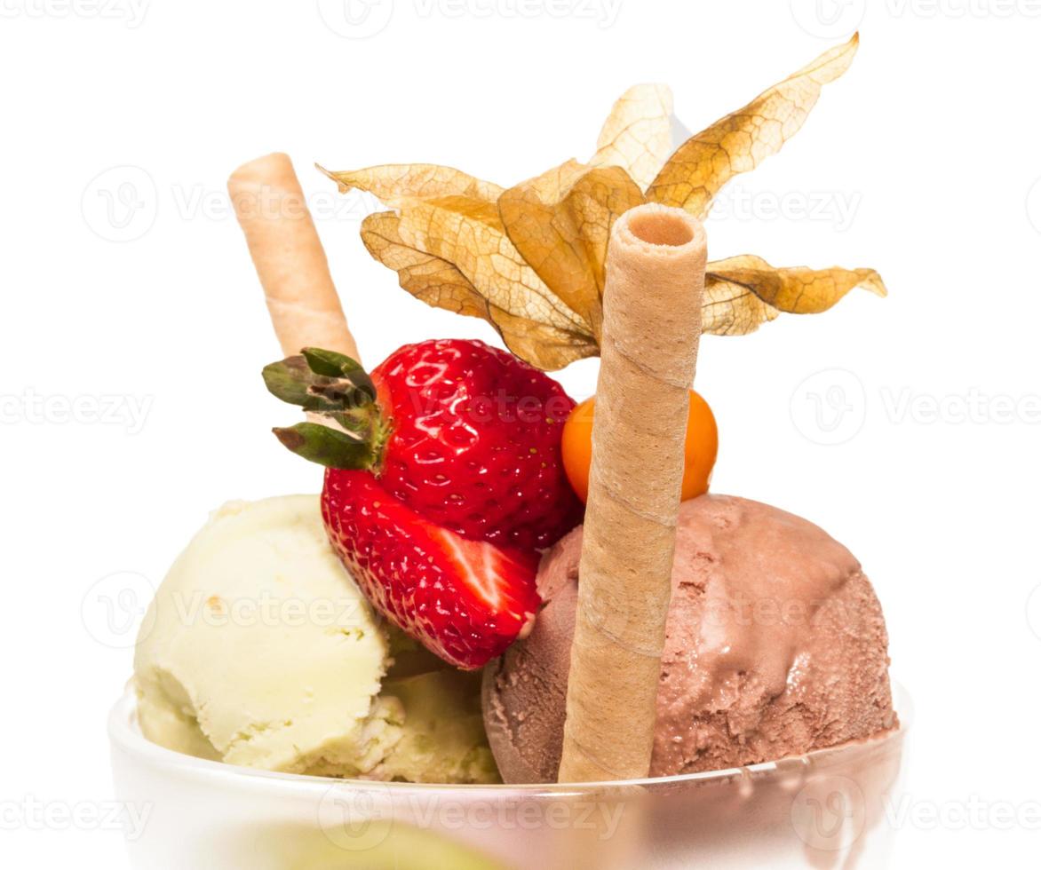 yogurt and chocolate ice cream in a bowl close up photo