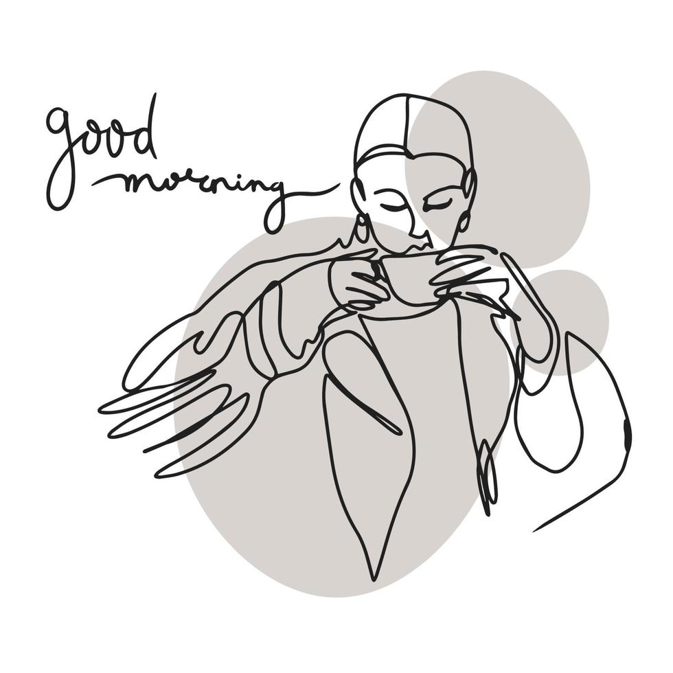 buenos días, dibujo de una línea, chica con una taza de café, moda vector