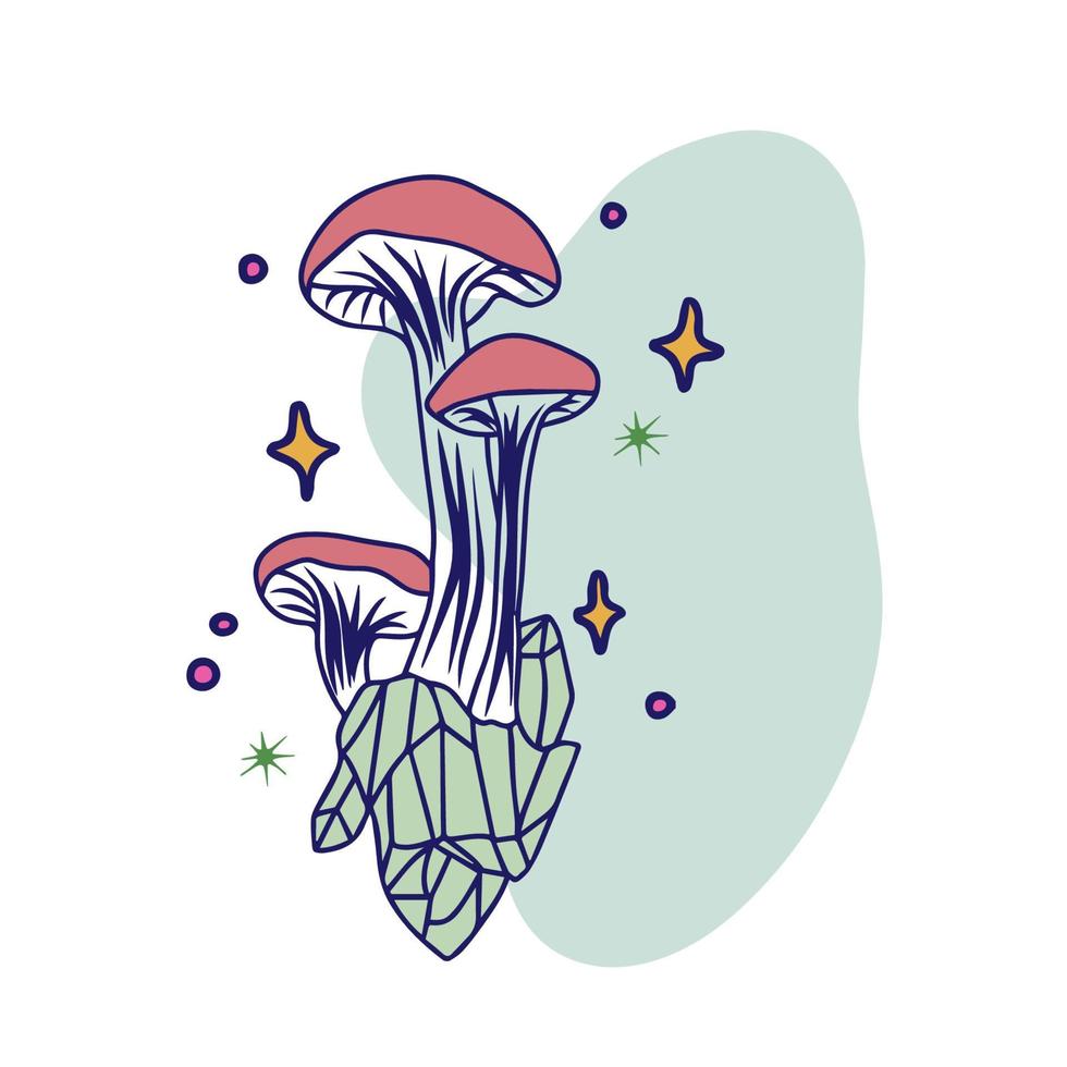 Fairy mushroom with crystals and stars, outline drawing, graphics vector