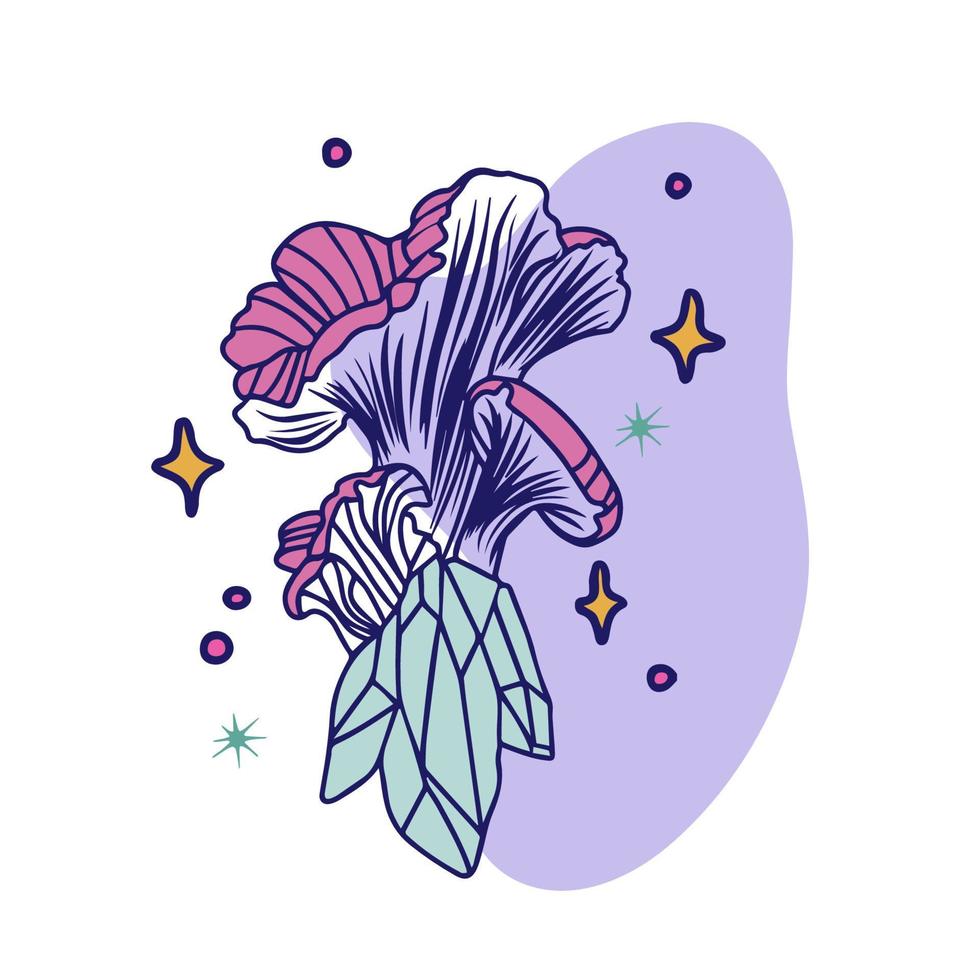 Fairy mushroom with crystals and stars, outline drawing, graphics vector