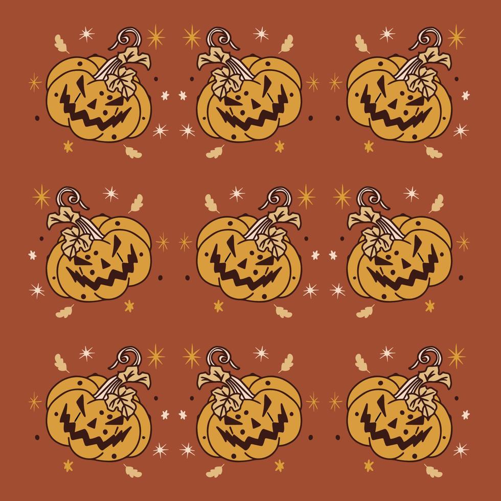 Funny pumpkin with leaves and stars boho Halloween, beautiful pattern vector