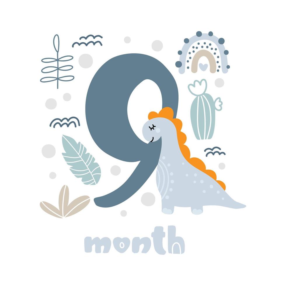 Métricas de tarjeta de aniversario de bebé de nueve meses. impresión de baby shower con un lindo animal dino, flores y palmeras que capturan todos los momentos especiales. tarjeta de hito de bebé para recién nacido vector