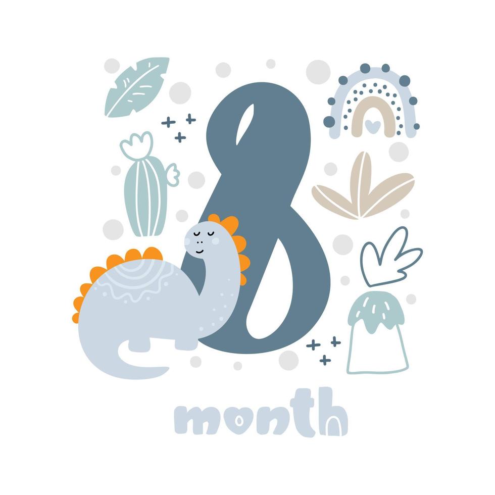 8 eight months Baby boy anniversary card metrics. Baby shower print with cute animal dino, flowers and palm capturing all special moments. Baby milestone card for newborn vector