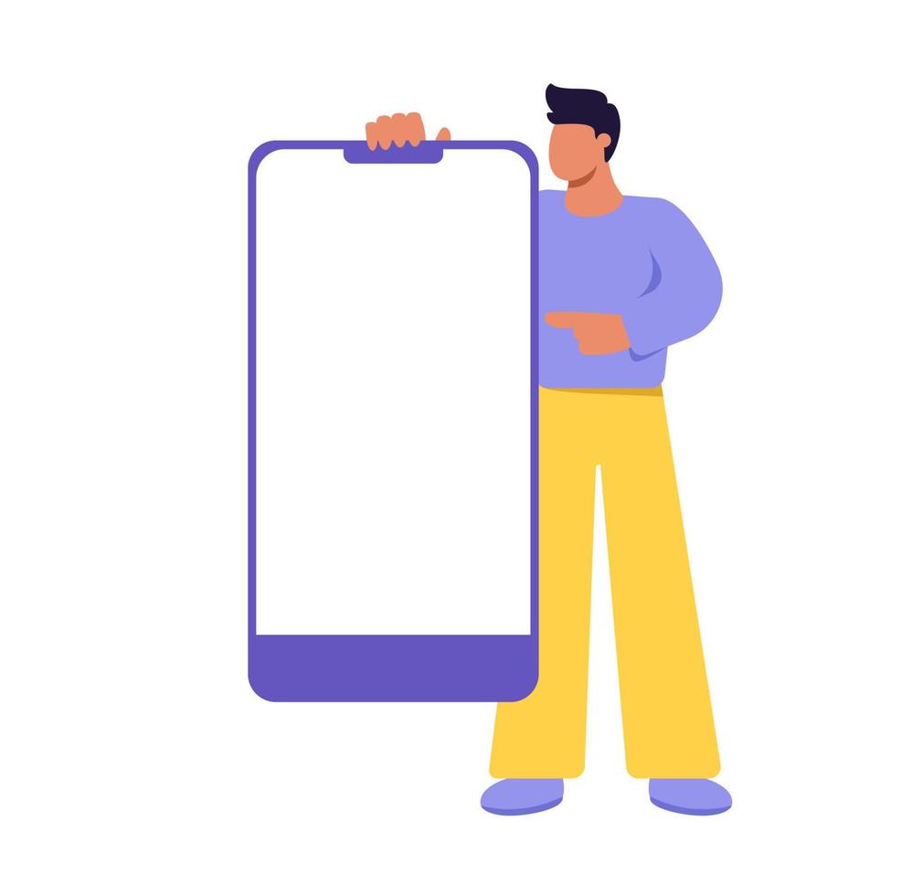 Vector tiny man standing and pointing at big blank smartphone screen. Mobile phone template. Empty cellphone display with copy space. Flat illustration