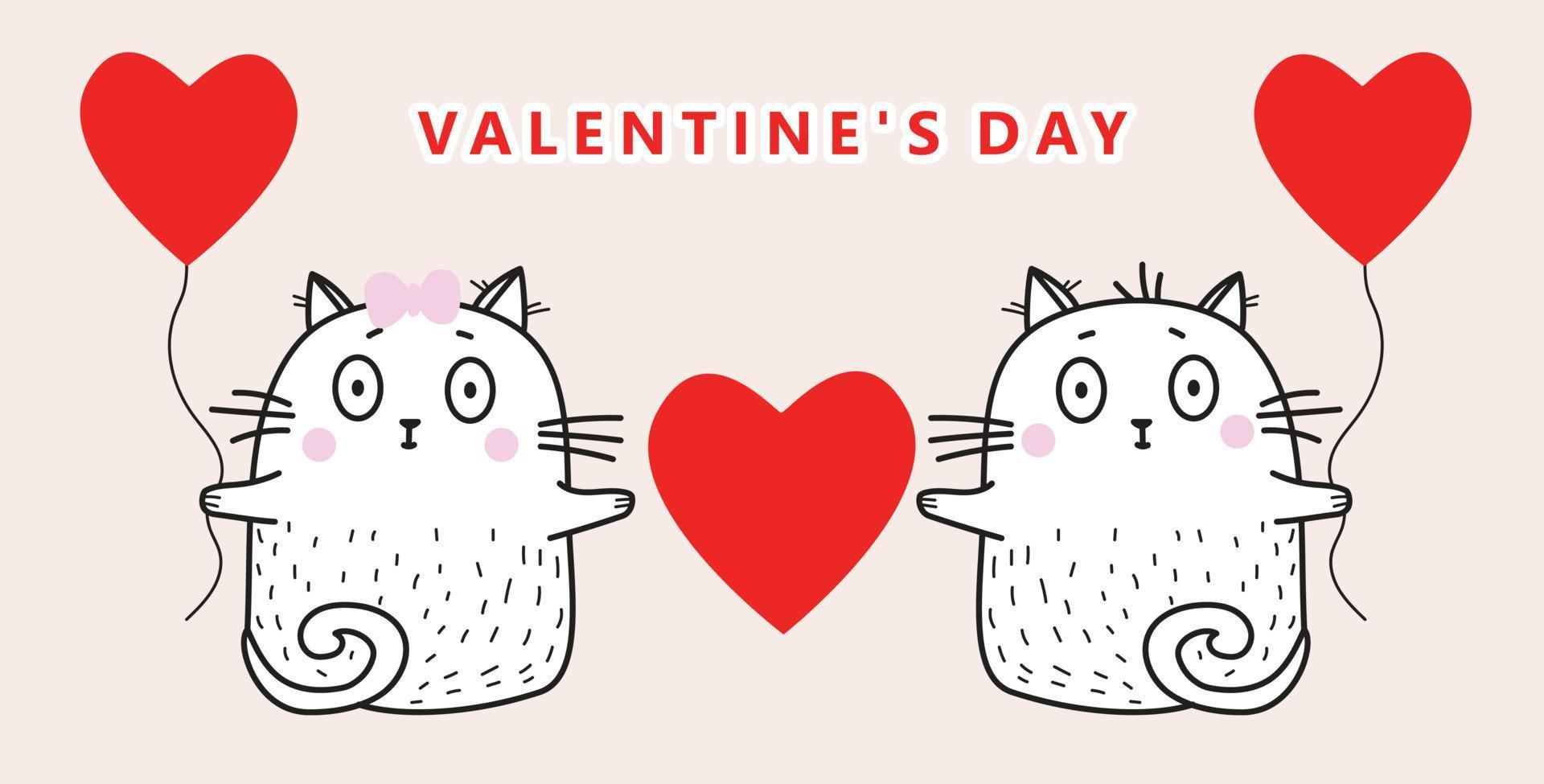 pair in love of white cats with red balloons and heart in their paws on pink background. Vector illustration. Congratulations to Valentines Day. For design, greeting card and decoration.