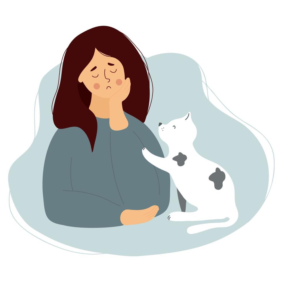 triste chica solitaria con gato. ilustración vectorial personaje femenino por concepto de tristes vacaciones y soledad. vector